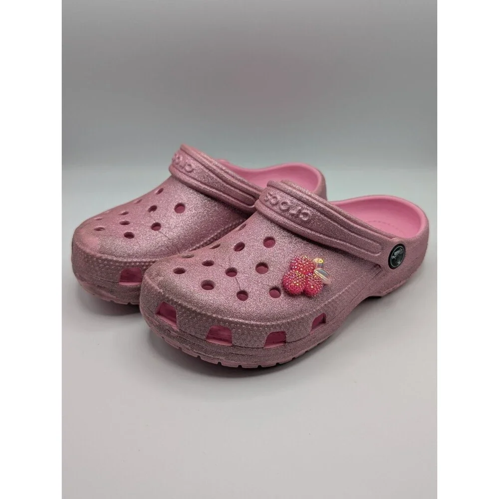 Crocs Kids Size 13 Classic Glitter Clog Pink Sparkle Slip On Play Shoes Used